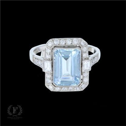 ANTIQUE PLATINUM AQUAMARINE DIAMOND RING