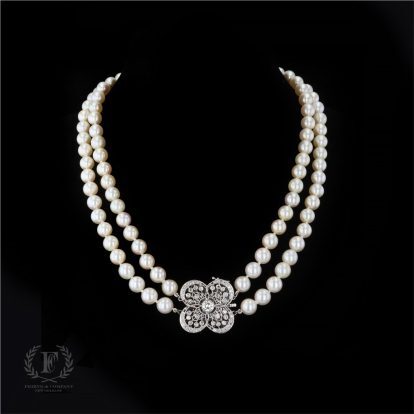 14K WHITE GOLD DIAMOND CLASP DOUBLE STRAND PEARL NECKLACE