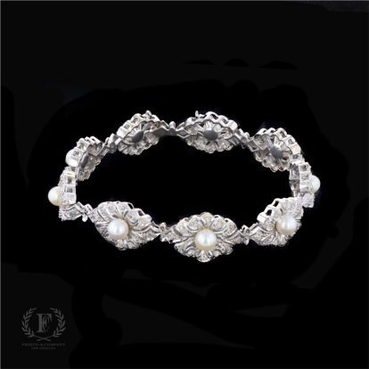 VINTAGE 18K WHITE GOLD  PEARL DIAMOND  BRACELET
