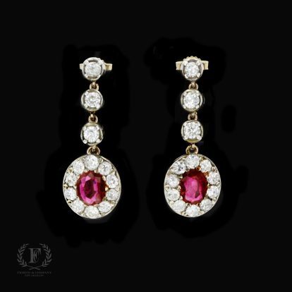 OLD MINE CUT DIAMOND RUBY DANGLE ESTATE  EARRINGS