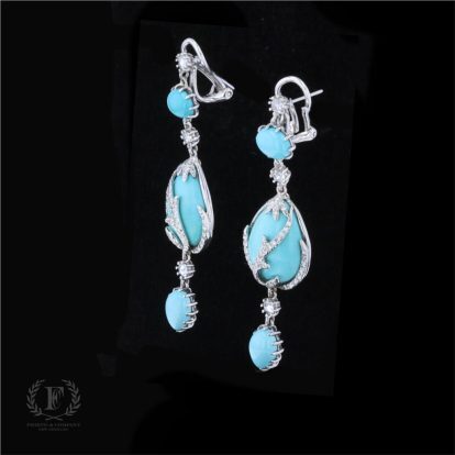 18K WHITE GOLD TURQUOISE DIAMOND ESTATE EARRINGS