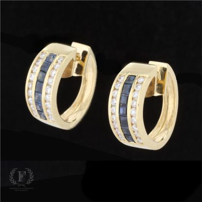 18K YELLOW GOLD DIAMOND SAPPHIRE HOOPS
