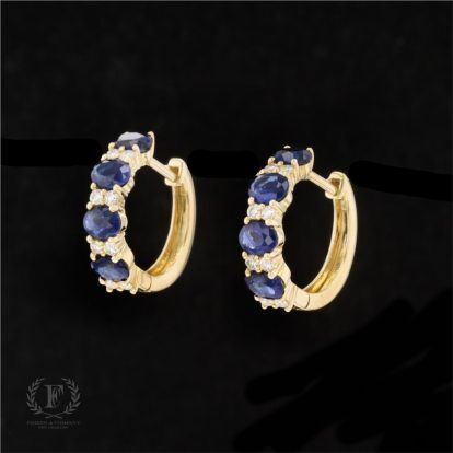 14K YELLOW GOLD DIAMOND SAPPHIRE HOOPS