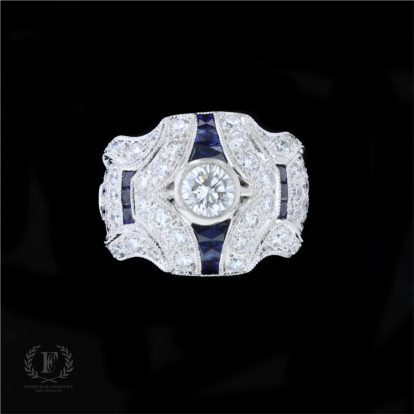 PLATINUM FRENCH CUT SAPPHIRE DIAMOND ESTATE RING