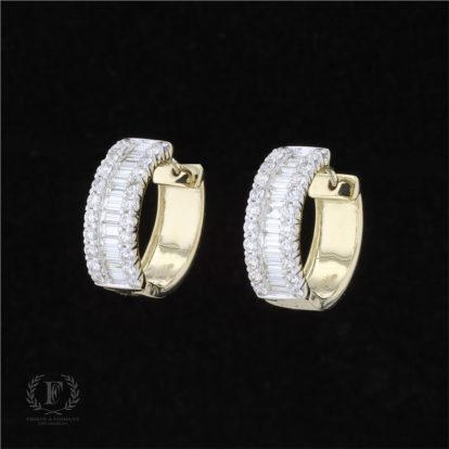 14K YELLOW GOLD BAGUETTE ROUND DIAMOND HOOPS