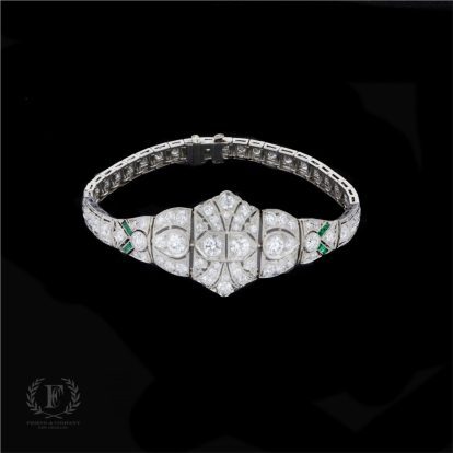 ART DECO OLD EUROPEAN CUT DIAMOND EMERALD PLATINUM ESTATE BRACELET