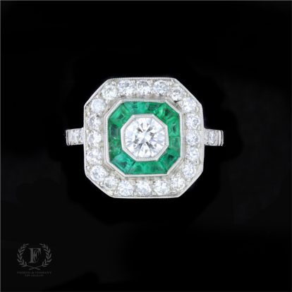 DIAMOND EMERALD PLATINUM ESTATE ENGAGEMENT RING