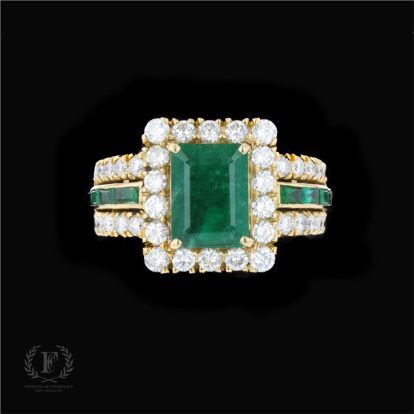 18K YELLOW GOLD EMERALD DIAMOND ESTATE RING