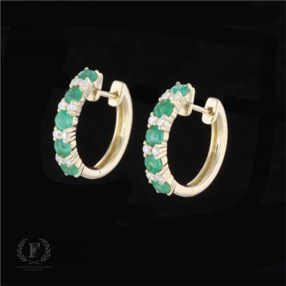 14K YELLOW GOLD EMERALD DIAMOND HUGGIES