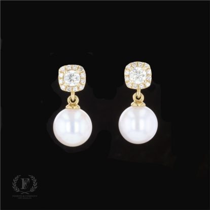 14K YELLOW GOLD PEARL DIAMOND DANGLE EARRINGS