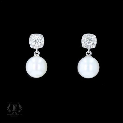 14K WHITE GOLD PEARL DIAMOND DANGLE EARRINGS